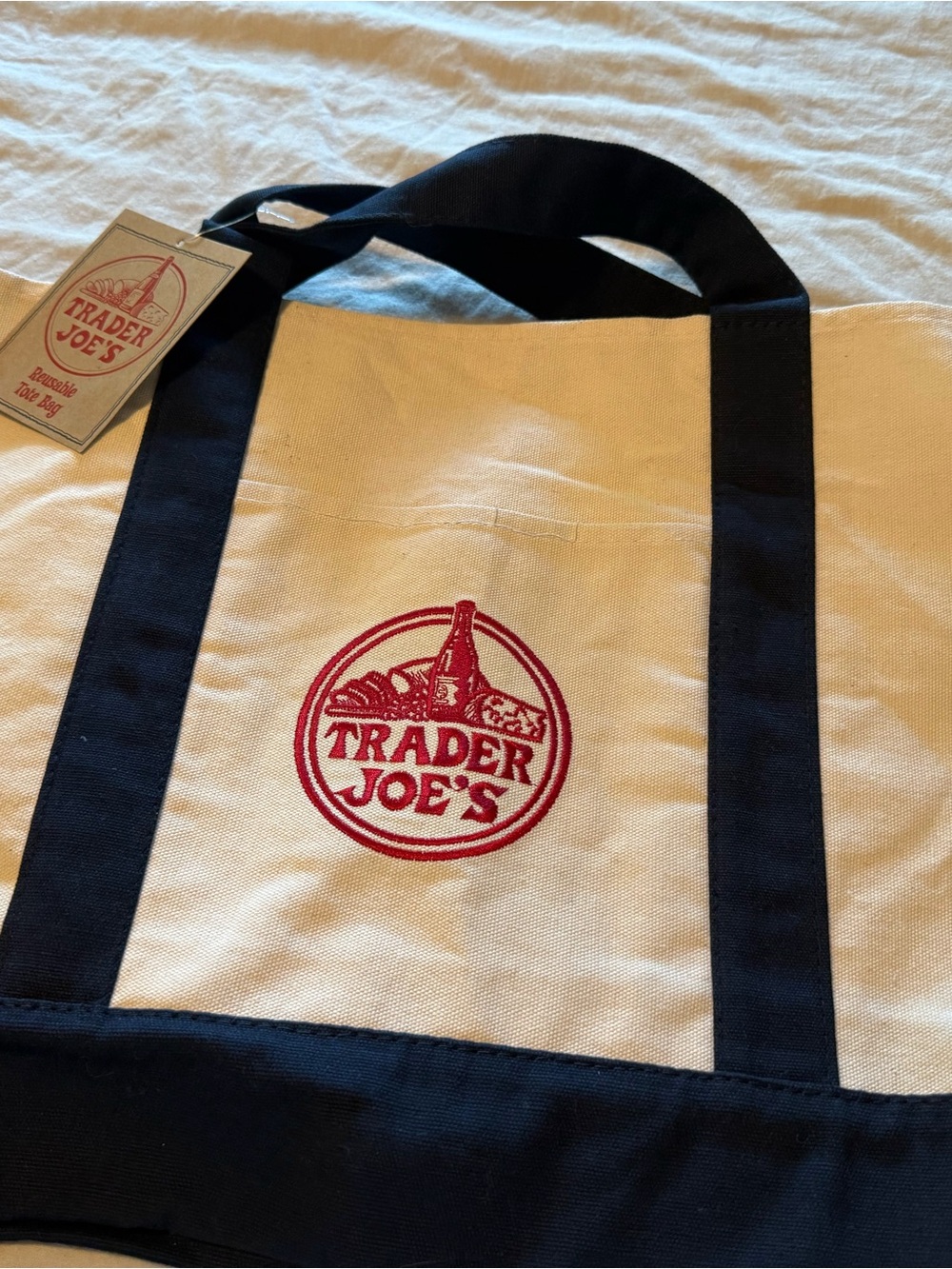 Trader Joe's Large Canvas Tote with Navy Straps and Red Logo! NWT.